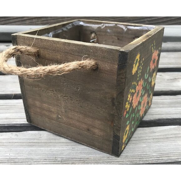 Vintage Hand Painted Wooden Planter Box Bright Flowers Rope Handles Lined 5" - Picture 3 of 8